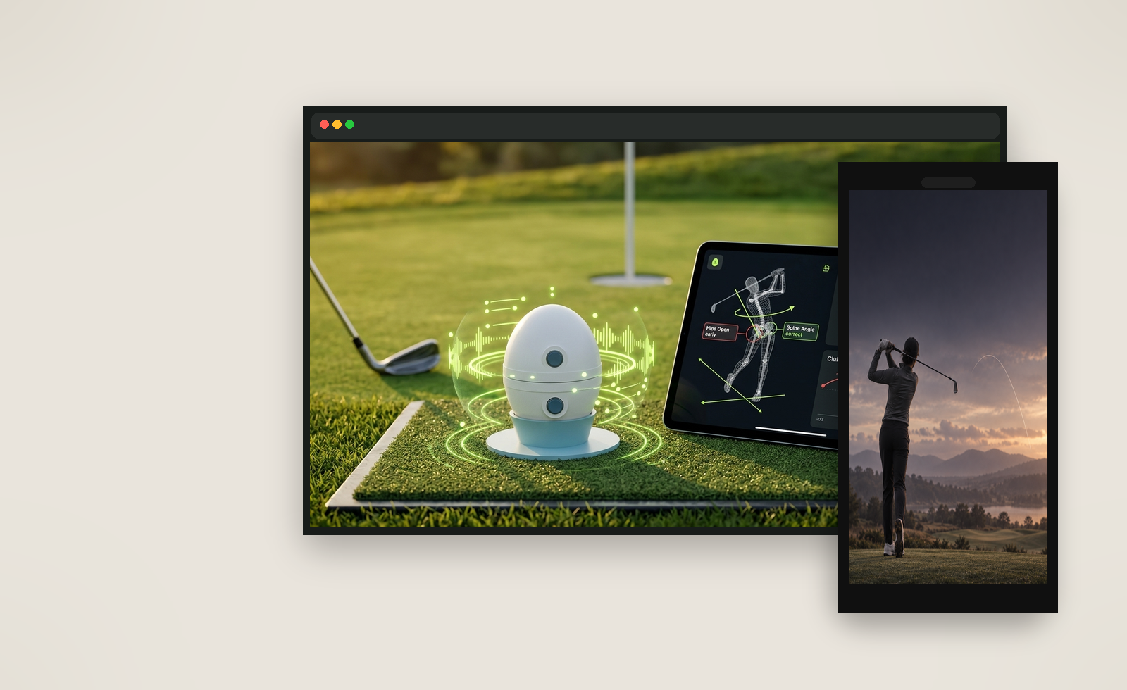 Coaching dashboard on a laptop beside a phone showing a Sports Egg training path.