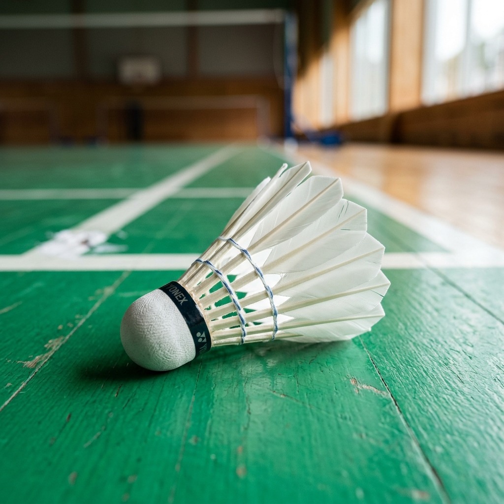 Feather badminton shuttlecock on court.