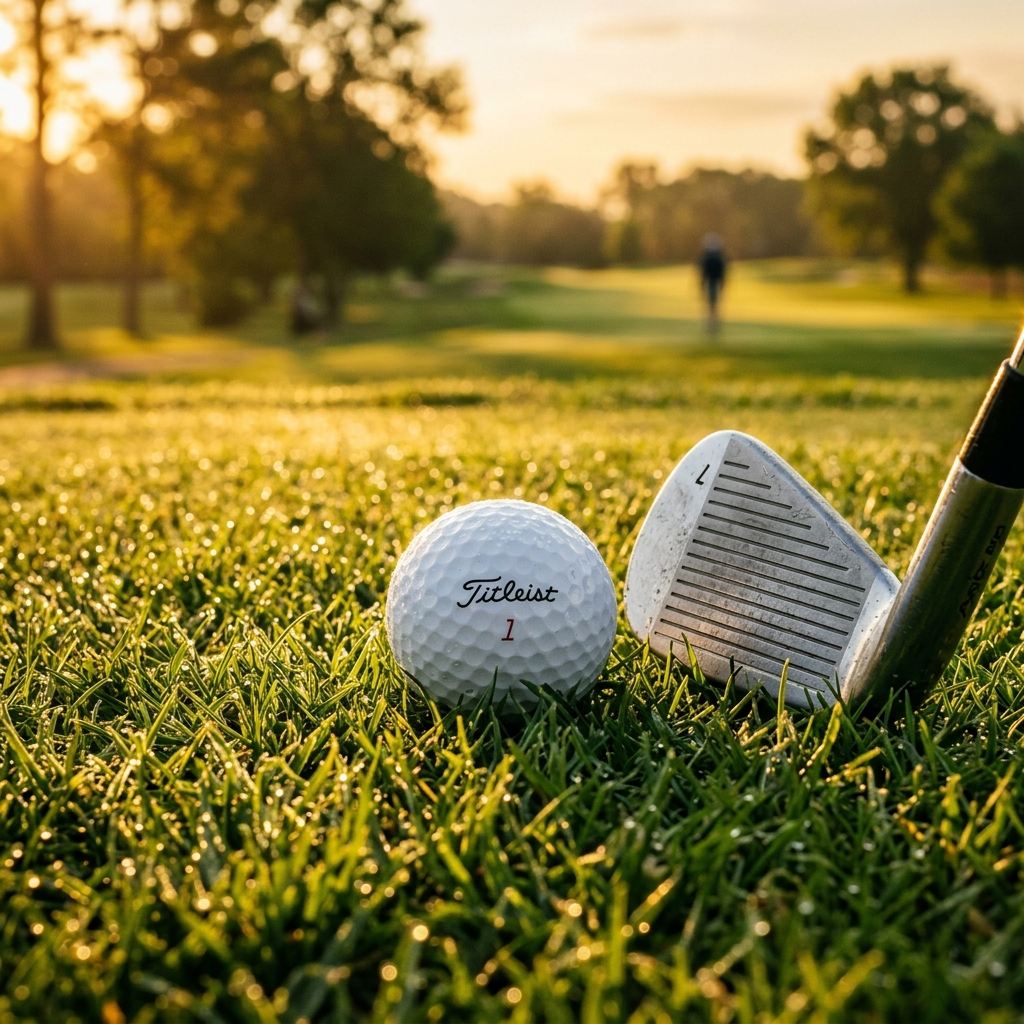Golf ball and club on green grass in morning light.