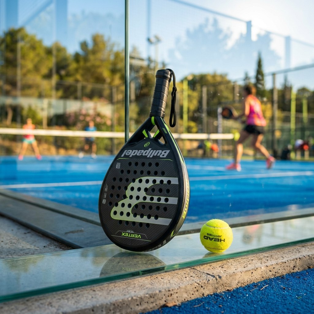 Padel tennis racket and ball on court.