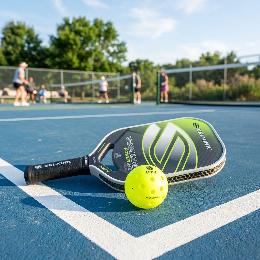 Pickleball paddle and ball on court.