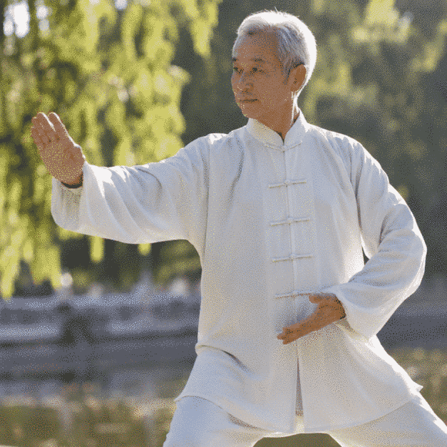 Person practicing Tai Chi in morning mist.
