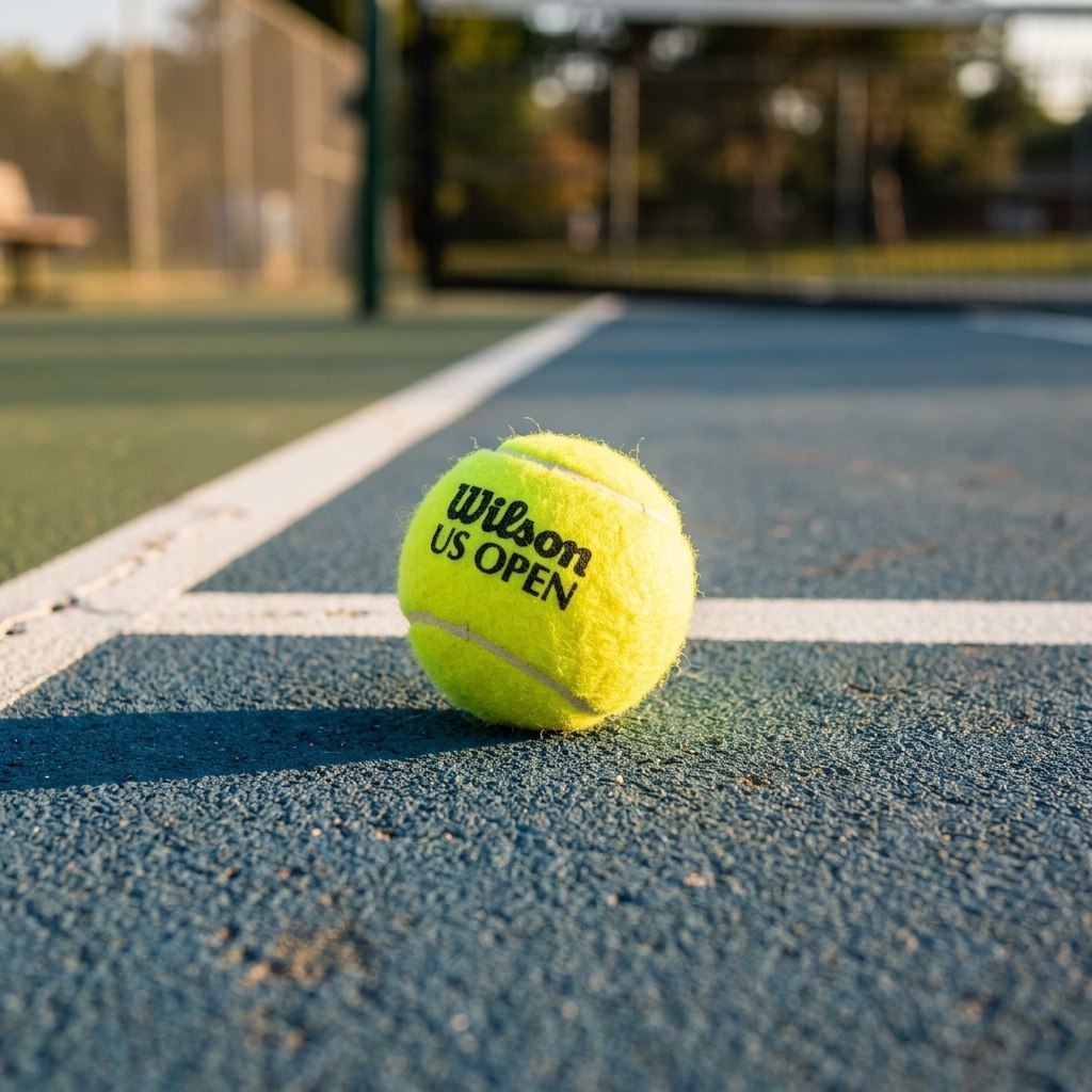Tennis ball resting on sunlit court.